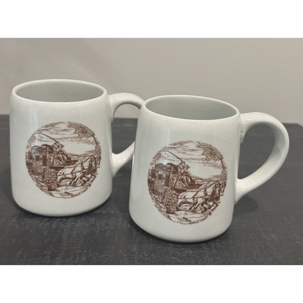 Rare Vintage Arabia Finland Coffee Mug Set Horses Carriage Stagecoach